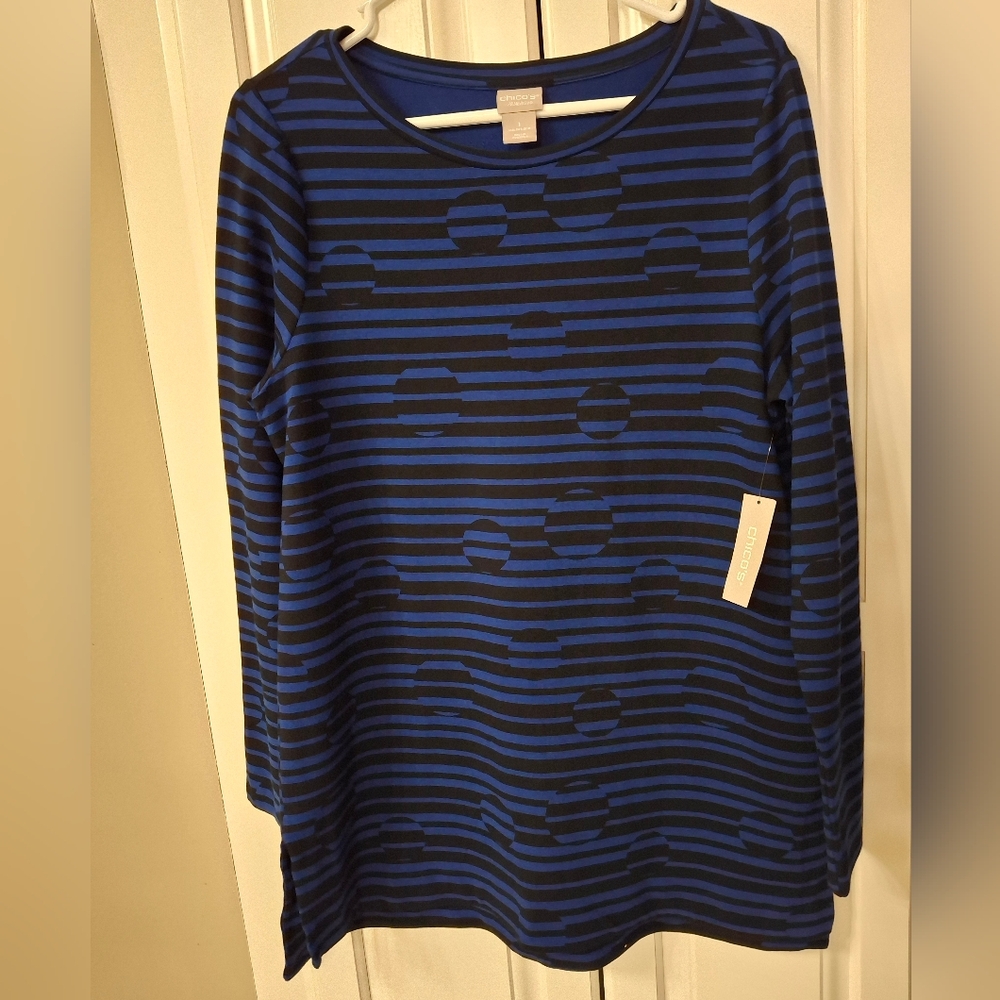 Nwt Chico's ZENERGY Size 1 Blue and Black Striped Long Sleeve Tee